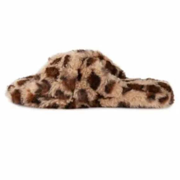 TRUE CRAFT Women's CrissCross Flats Fuzzy Furry Slippers Leopard Medium(7-8) - Picture 4 of 11